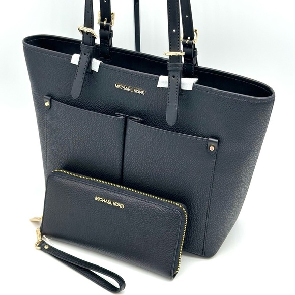 Michael Kors Jet Set Medium Pocket Tote Bag & Continental Wallet Wristlet Black - Picture 10 of 13